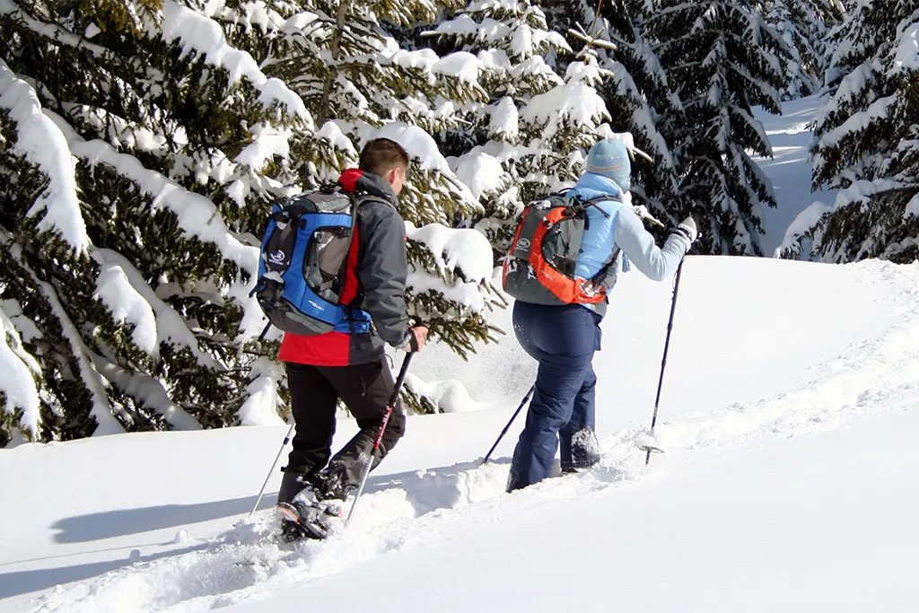 Zwei Teilnehmer bei einer Schneeschuhwanderung durch tief verschneiten Winterwald in der Sächsischen Schweiz. Ein Winterevent und Outdoor Incentive in Bad Schandau vom Schneeschuhveranstalter die Erlebniscompany