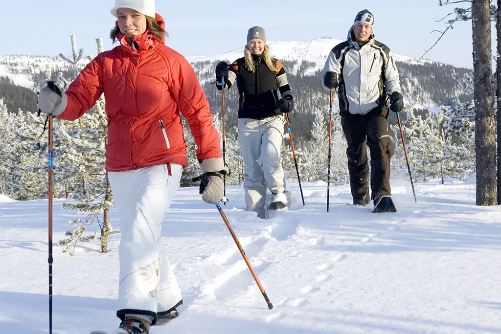 Teilnehmer bei einer Schneeschuhtour im Erzgebirge durch die verschneite Berglandschaft von Oberwiesenthal. Winterevent und Incentive von der Eventagentur team projekt