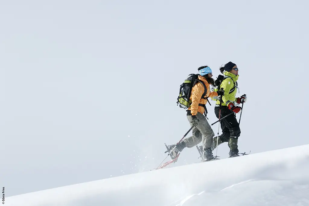 Zwei Teilnehmer bei einer sportlichen Schneeschuh Tour im Tiefschnee durch den Harz (Schneeschuhwandertour am Brocken). Outdoor-Adventure und Teambuilding Erlebnis als Teil eines Winter-Teamevents. 