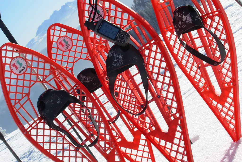 Schneeschuhe als „Light“-Variante (schnelles An- und Ausziehen der Schneeschuhe) mit GPS-Geräten für eine winterliche GPS-Schneeschuhtour in Südtirol als Teilprogramm einer aktiven Tagungspause bei einem Kick-off-Meeting in Italien.