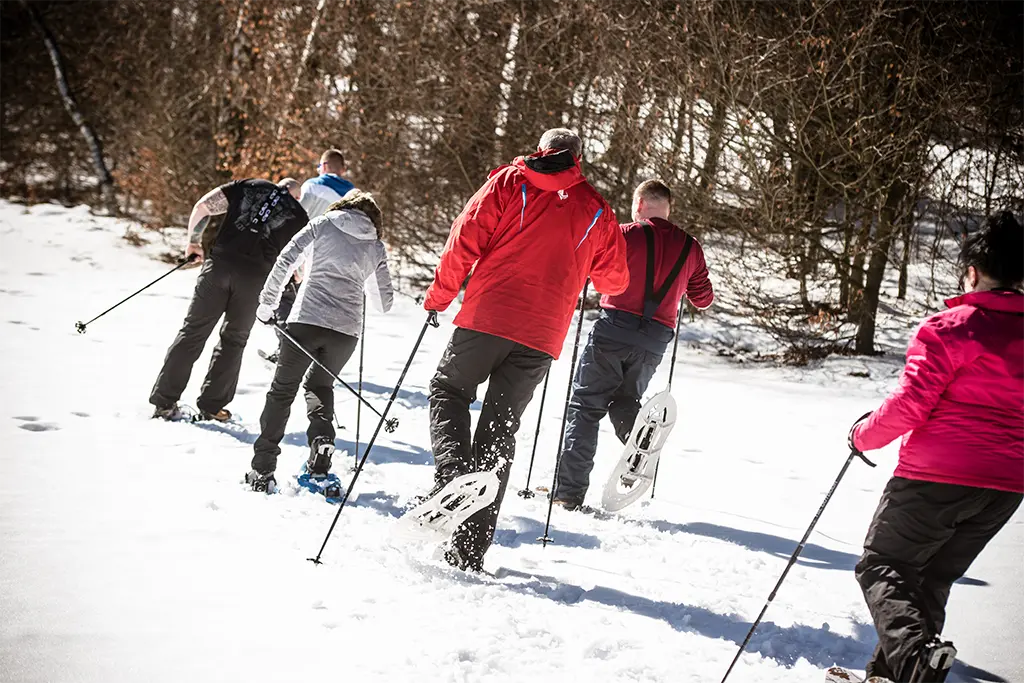 Gruppe von Teilnehmern bei einer geführten Schneeschuhwanderung in Winterberg durch die verschneite Landschaft des Sauerland, aktives Teamevent im Schnee. Organisiert durch die Sauerland Eventagentur team projekt